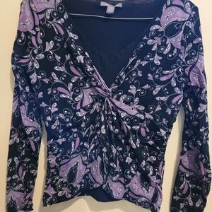 Apt. 9 Blue and Purple Long Sleeve Tie Front Blouse